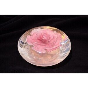 Pink Rose Art Glass Paperweight – Floral Encased Glass Desk Decor